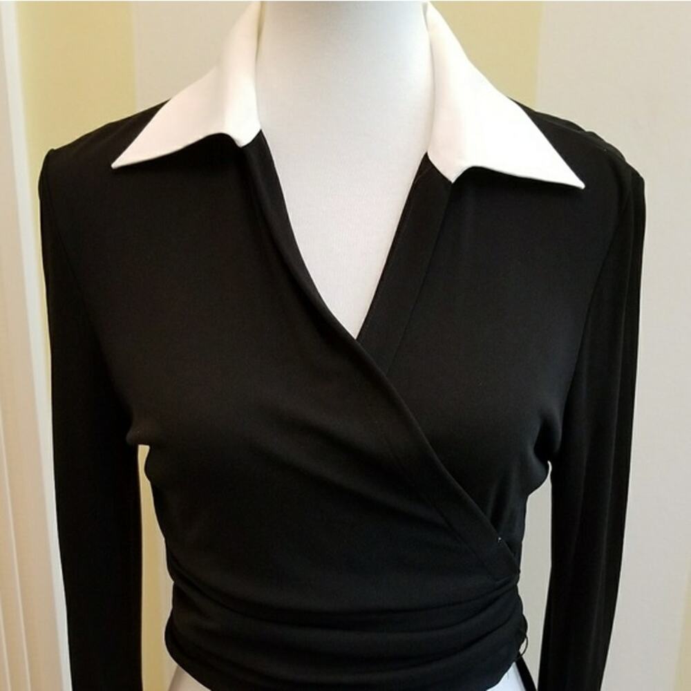 Lafayette 148 New York Black Wrap Blouse with White Collar